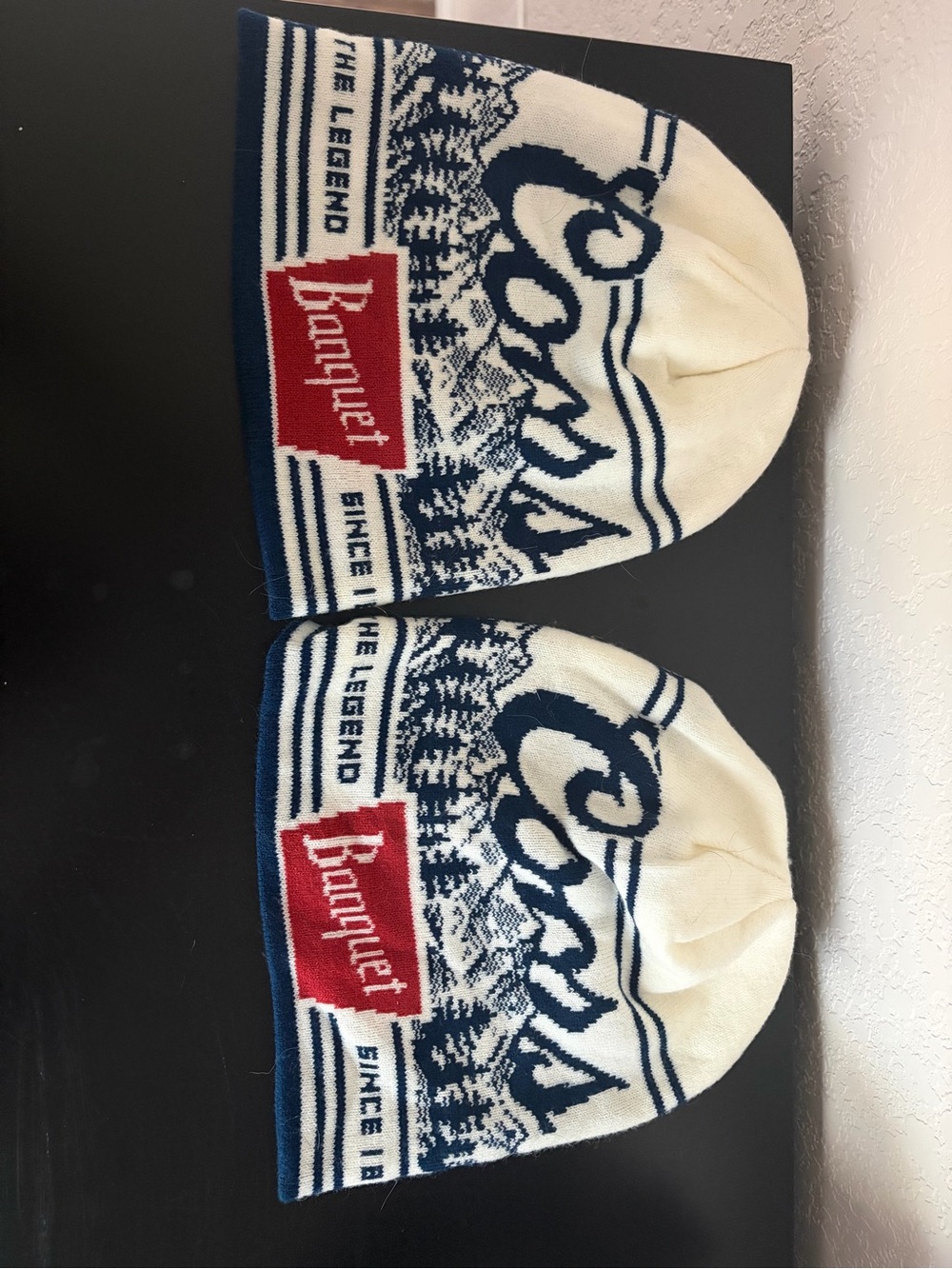 2 Coors Banquet Cream & Navy Knit Beanies - Never Worn